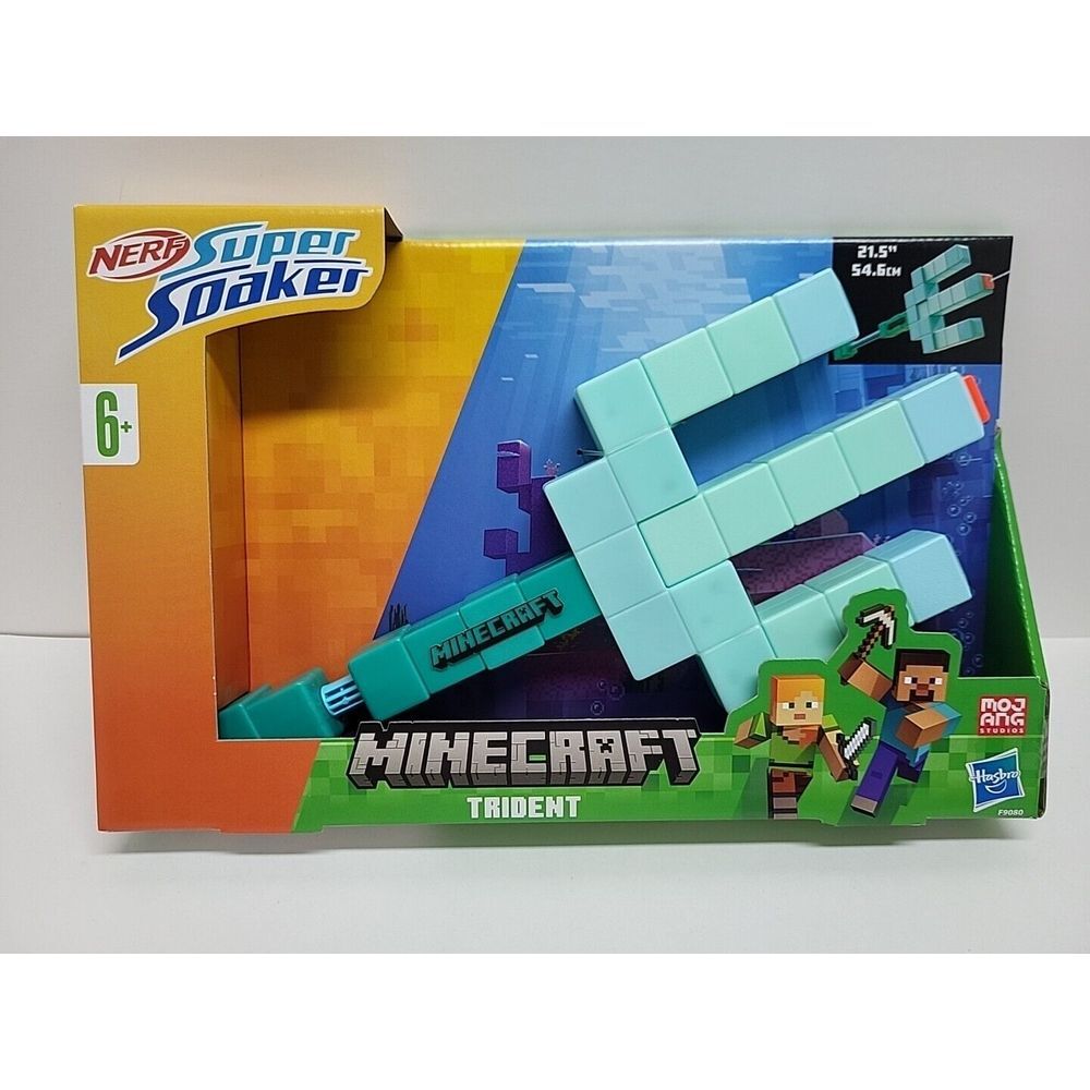Nerf Super Soaker Minecraft Trident Water Blaster Pull Back Plunger Handle Kids